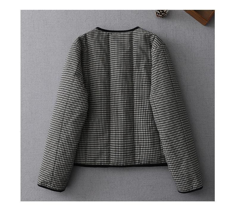 V-Neck Plaid Padded Button Jacket Product Image