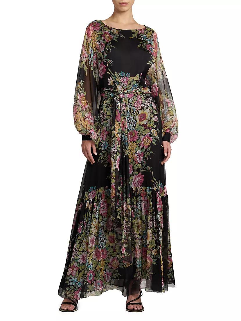 Silk Floral Long-Sleeve Maxi Dress Product Image