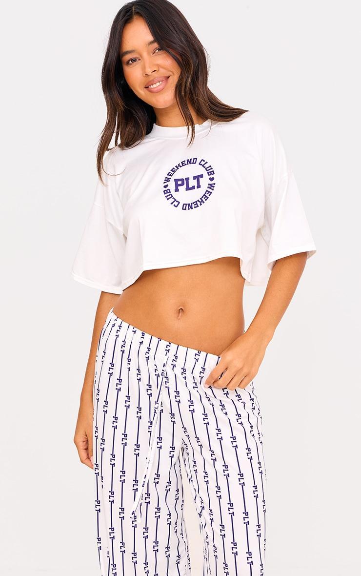 PRETTYLITTLETHING Cream Weekend Club Long PJ Set Product Image