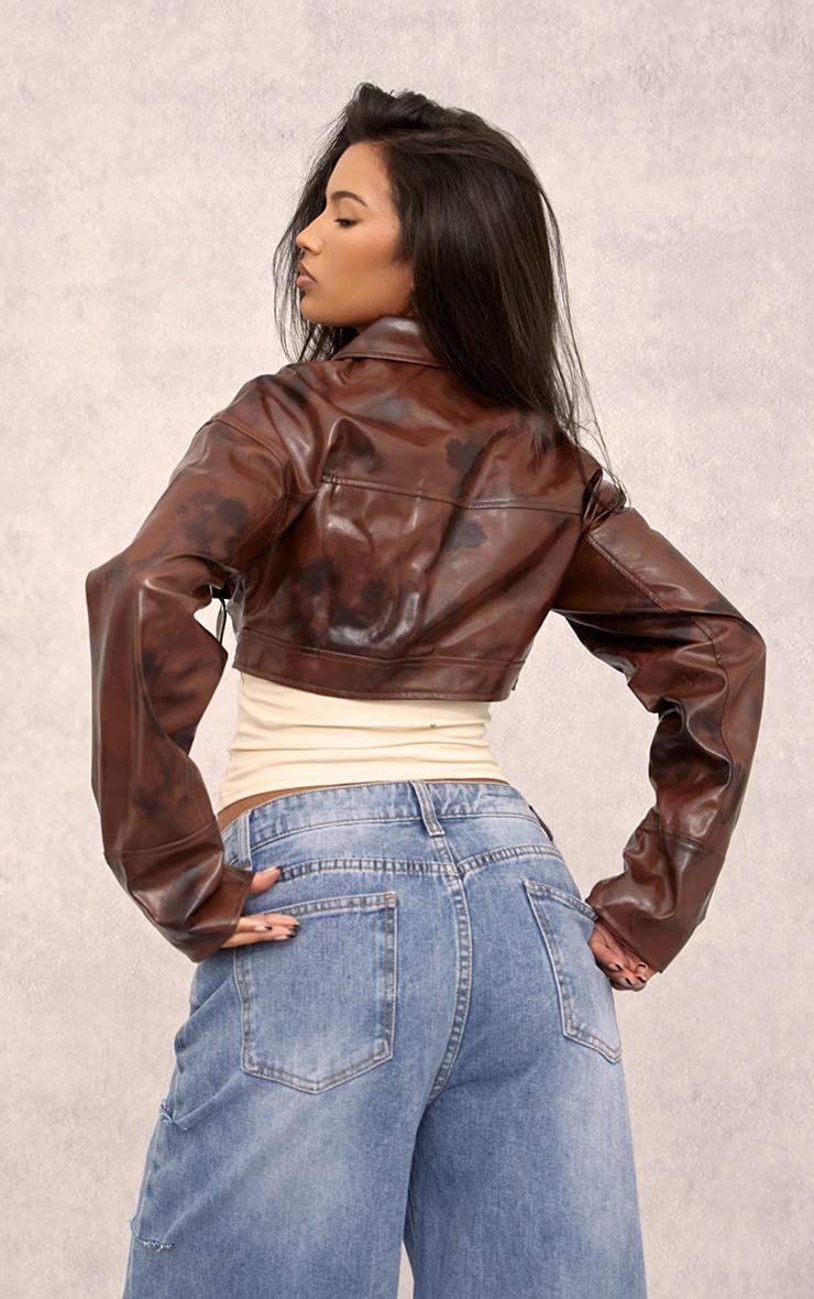 Brown Cropped Tortoise Zip Front Biker Jacket Product Image