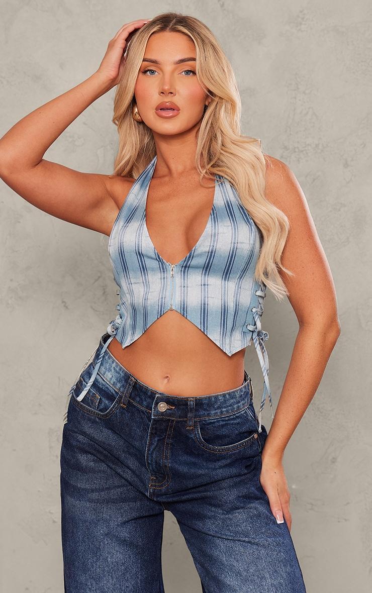 Blue Stripe Print Twill Halter Lace Up Top Product Image