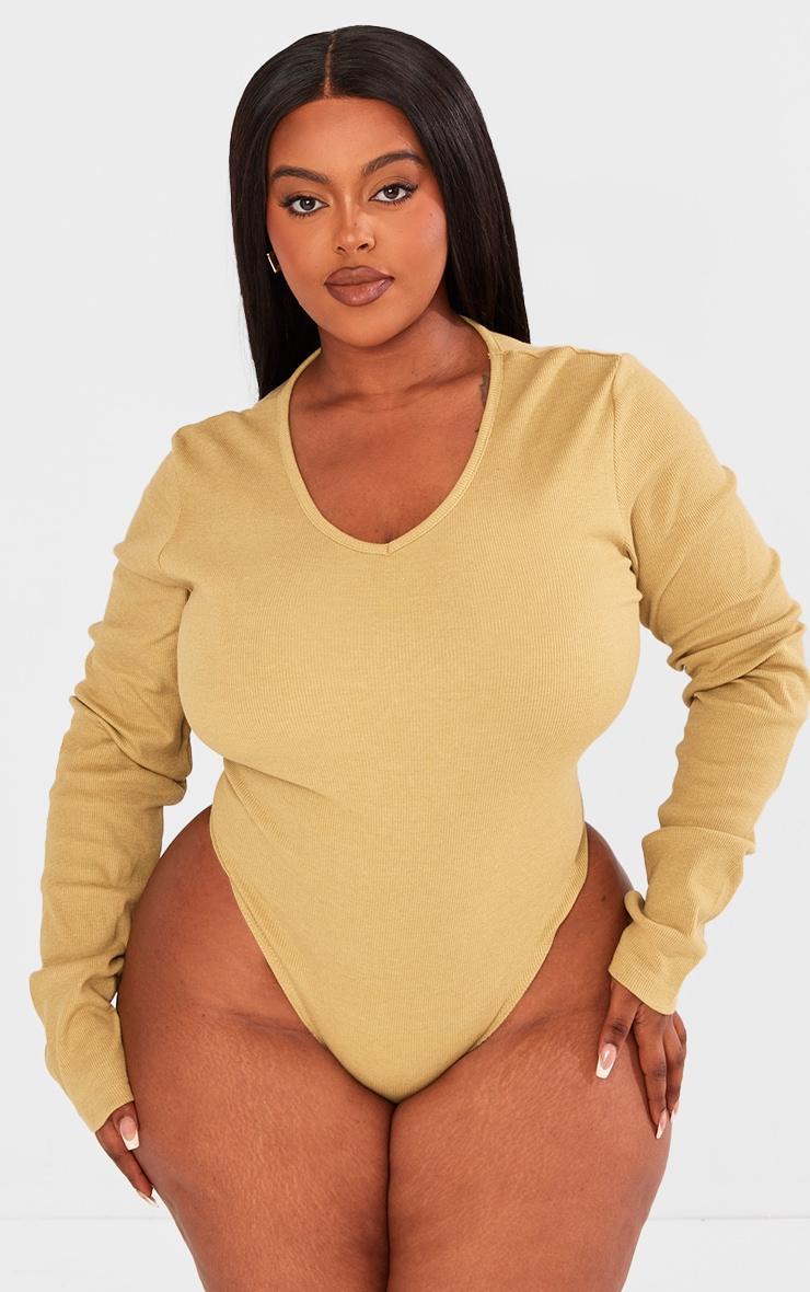 Plus Olive Green Basic Rib V Neck Long Sleeve Bodysuit Product Image