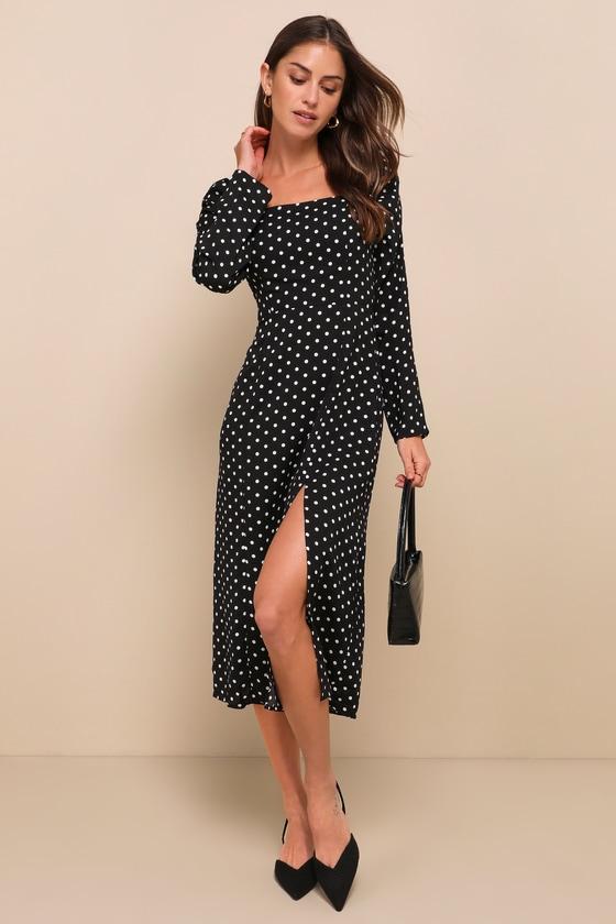 Charmed and Classy Black Polka Dot Long Sleeve Midi Dress Product Image