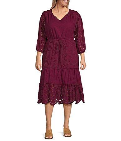 Nurture by Westbound Plus Size 34 Sleeve V-Neck Eyelet Detail Scalloped Hem Midi Dress Product Image