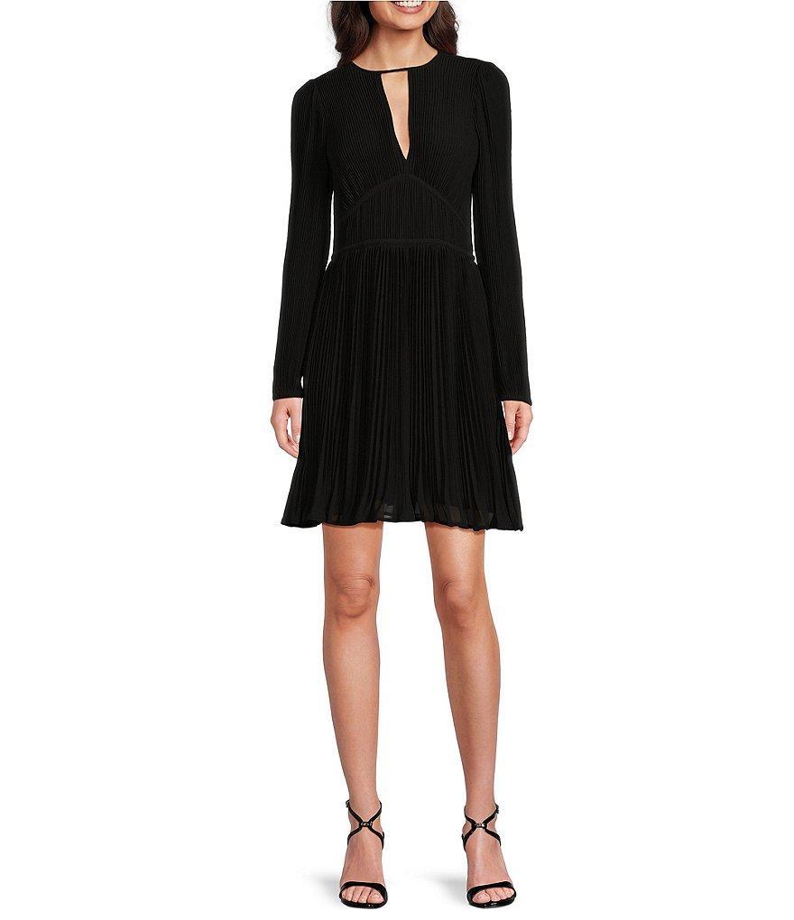 MICHAEL Michael Kors Solid Eco Poly Keyhole V-Neck Elastic Sleeve Cuff Fit & Flare Dress product image