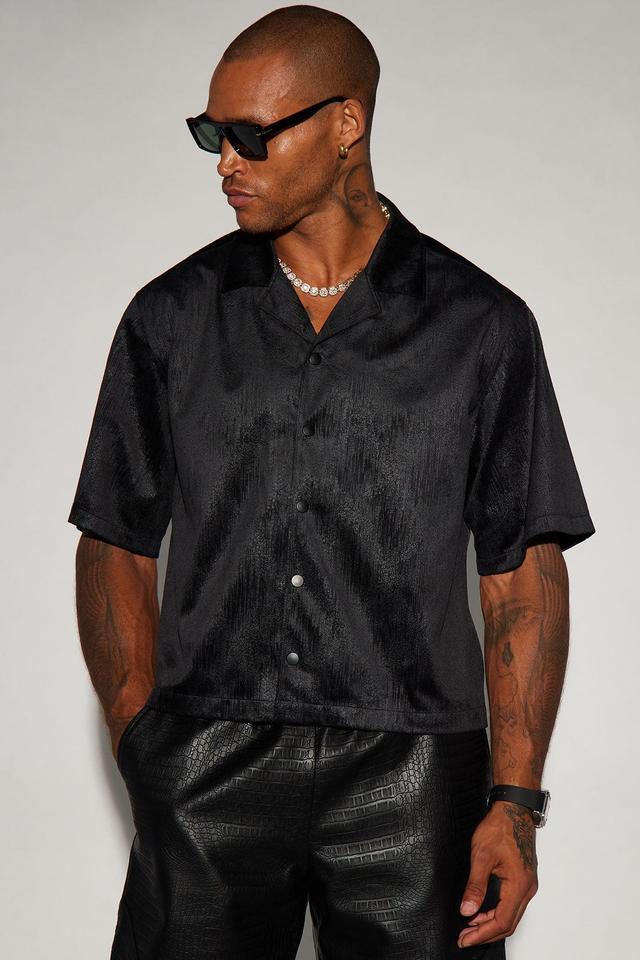 Patna Textured Faux Leather Cropped Button Up Shirt - Black Product Image