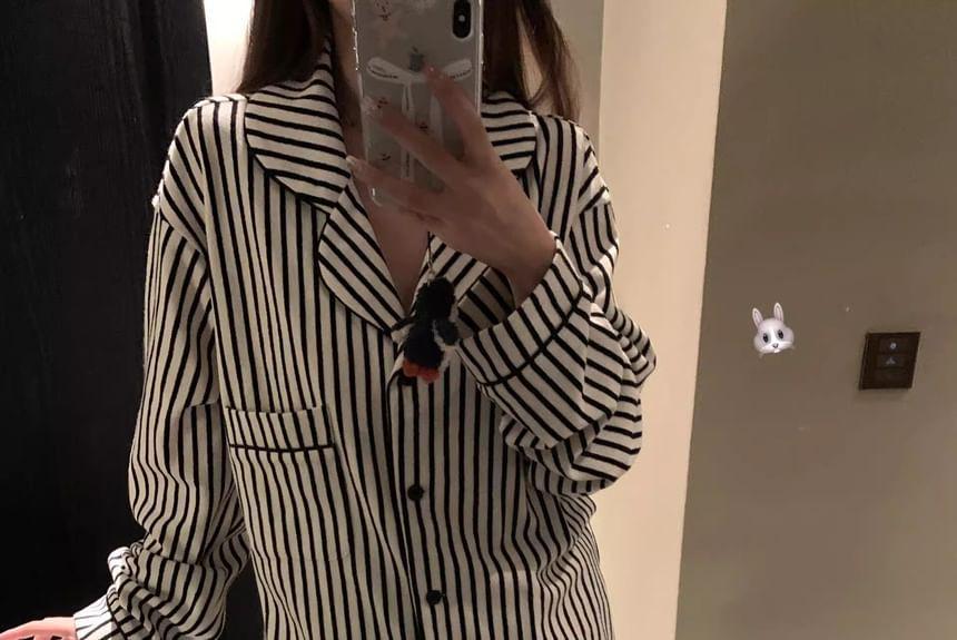 Pajama Set: Long-Sleeve Striped Top + Pants Product Image