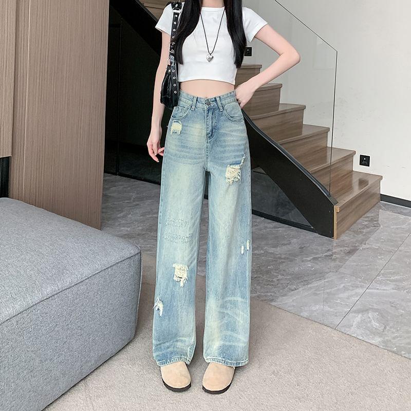 High Rise Washed Distressed Straight-Fit Wide-Leg Jeans Product Image