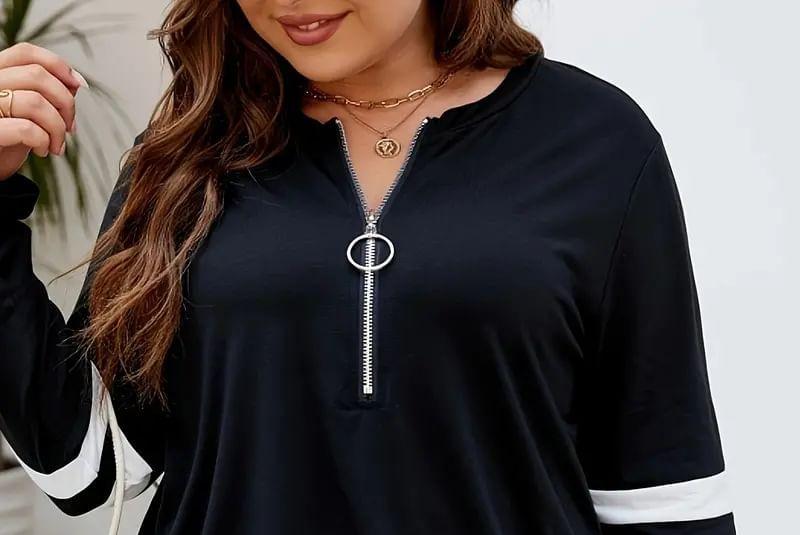 Plus Size Round Neck Two Tone Half-Zip Sweatshirt Product Image