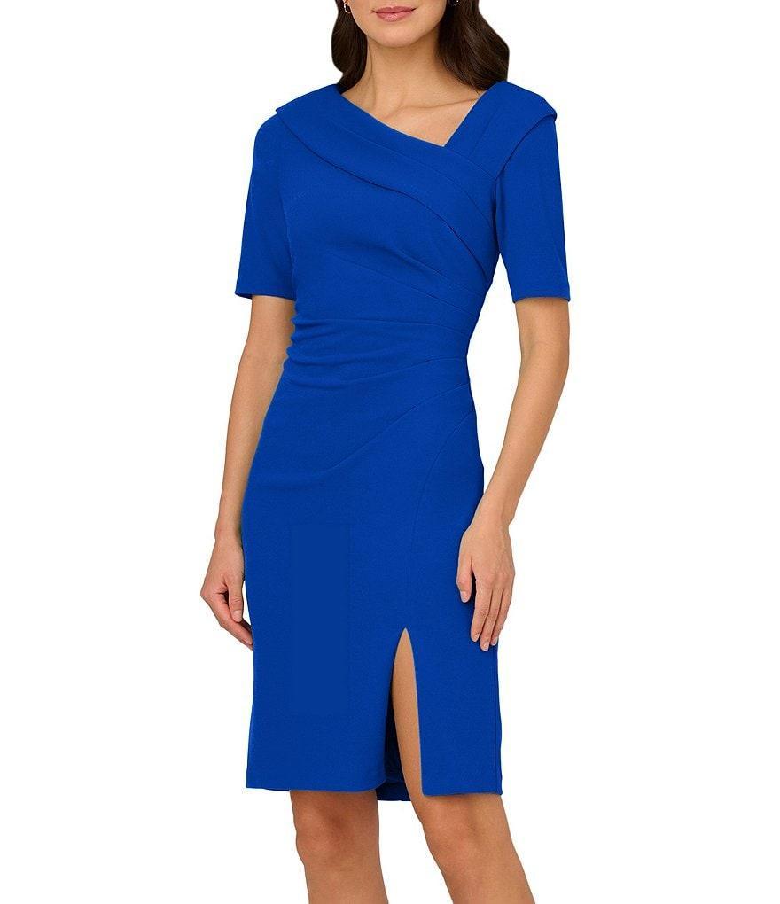 Adrianna Papell Stretch Crepe Asymmetrical Square Neckline Short Sleeve Sheath Dress Product Image