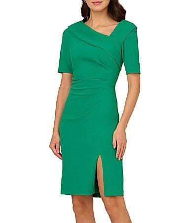 Adrianna Papell Stretch Crepe Asymmetrical Square Neckline Short Sleeve Sheath Dress Product Image