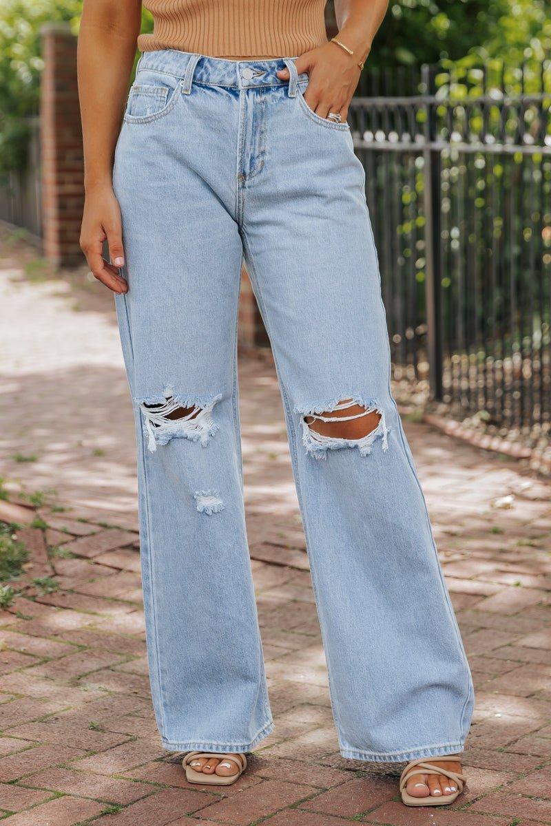 Medium Light Wash Distressed Wide Leg Jeans - FINAL SALE Product Image