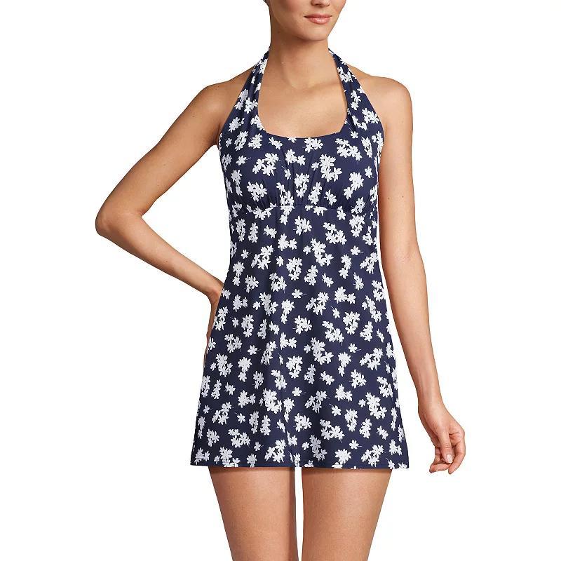 Womens Lands End Chlorine Resistant Square Neck Halter Swim Dress Blue Tossed Floral Product Image