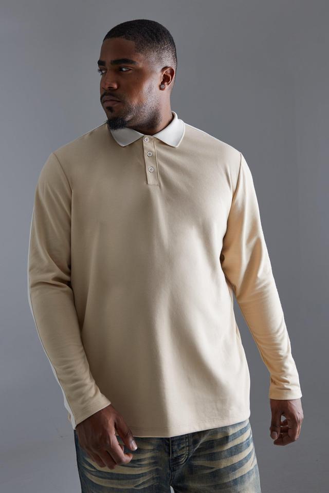 Plus Man Slim Long Sleeve Taped Interlock Polo | boohooMAN USA Product Image