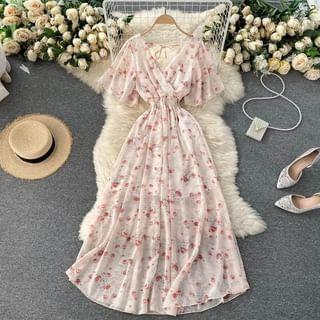 Short-Sleeve V-Neck Floral Midi A-Line Dress Product Image