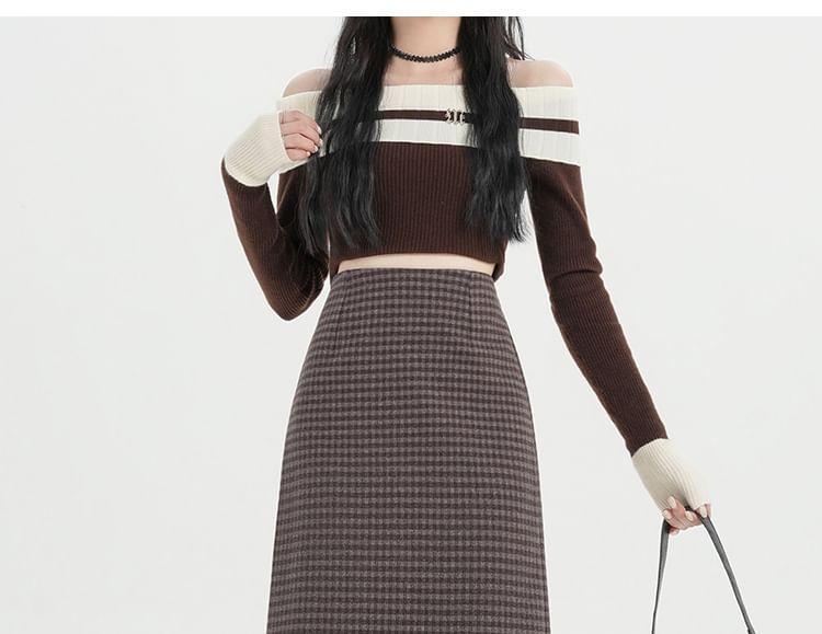 High Rise Plaid Slit Midi A-Line Skirt Product Image