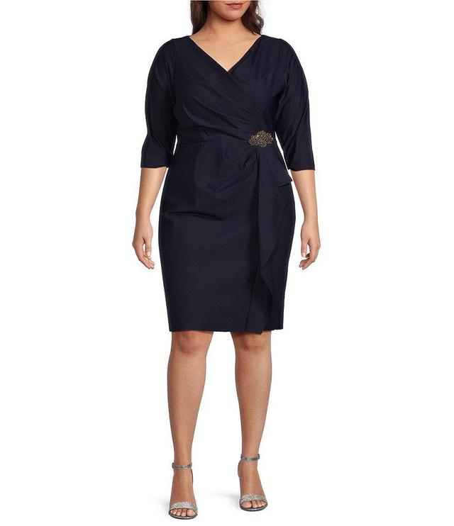 Alex Evenings Plus Size Stretch Jersey Surplice V-Neck 3/4 Sleeve Beaded Ruffle Cascade Sheath Dress Product Image