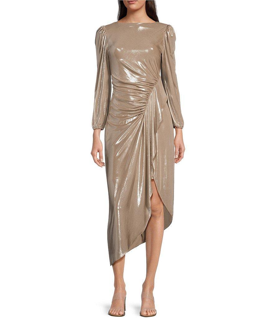 Alex Marie Jenna Foiled Metallic High Boat Neck Long Blouson Sleeve Faux Wrap Ruched Asymmetrical Hem Maxi Dress Product Image