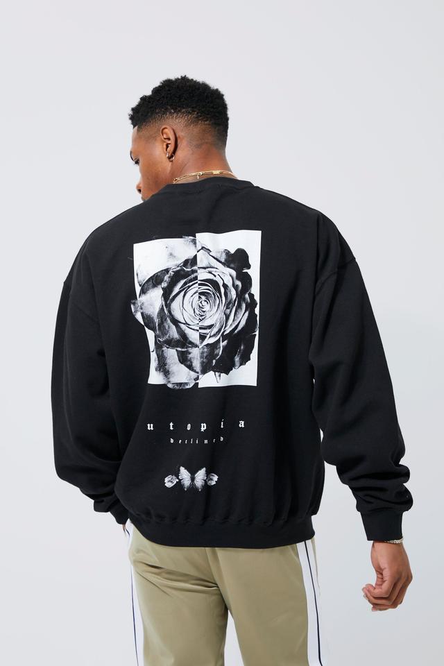 Mens Black Oversized Floral Back Graphic Sweatshirt, Black Product Image