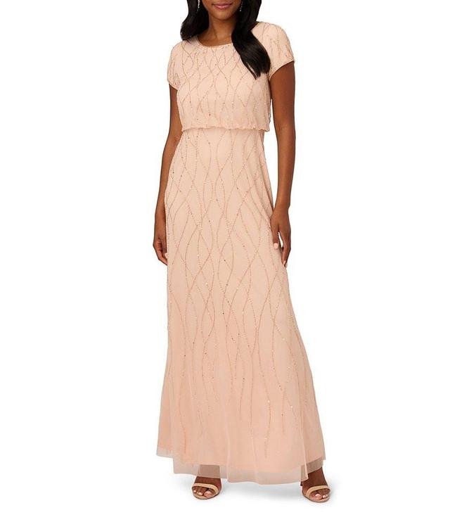 Adrianna Papell Beaded Crew Neck Short Sleeve Blouson Gown Product Image