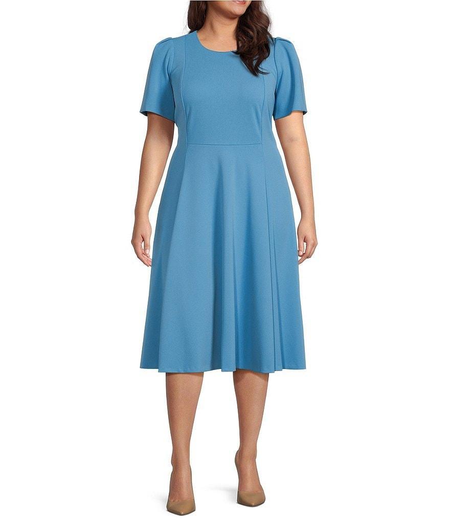 Calvin Klein Plus Size Short Sleeve Crew Neck Scuba Crepe Fit And Flare Dress Product Image