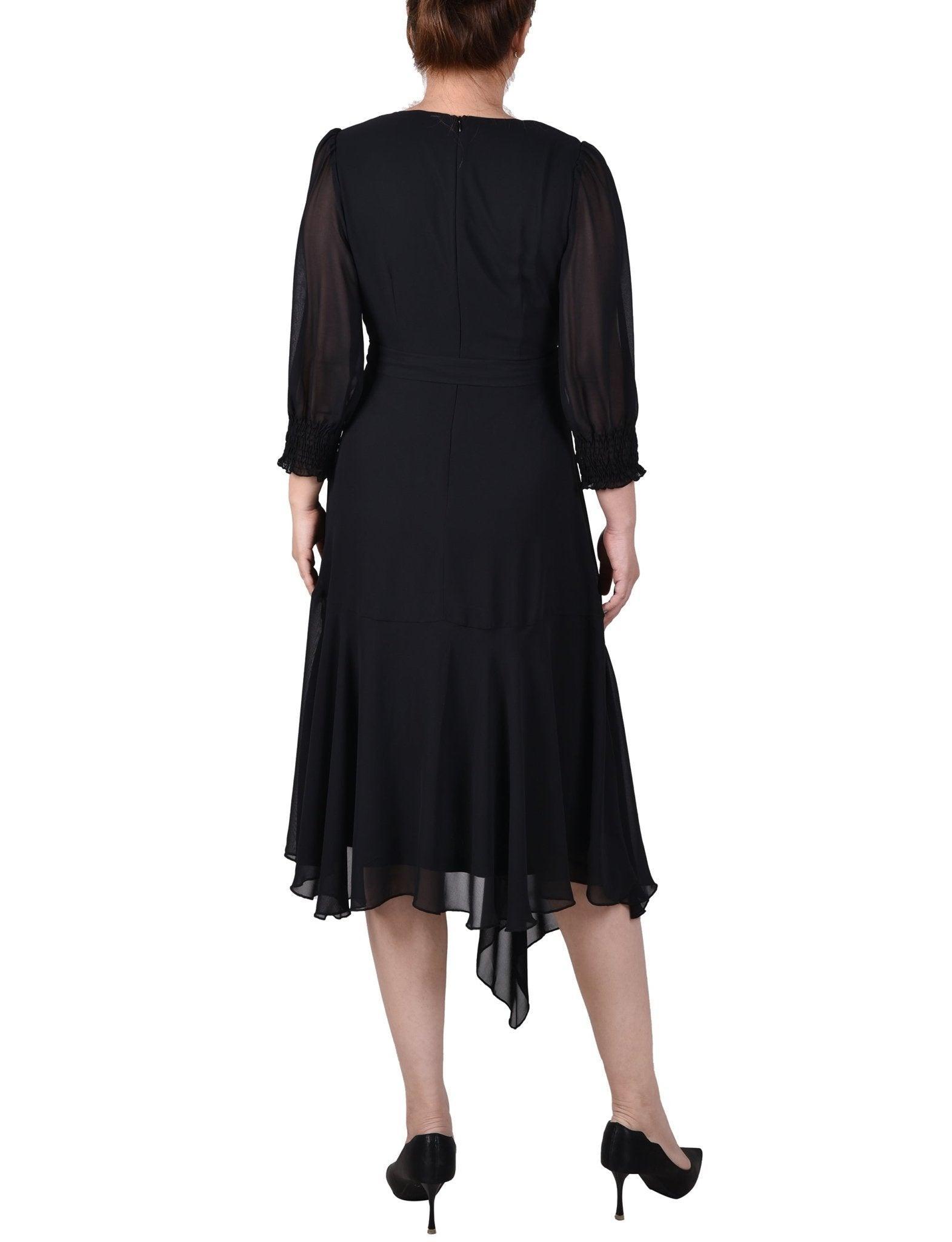 3/4 Length Sleeve Belted Chiffon Handkerchief Hem Dress - Petite Product Image