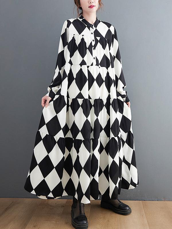 A-Line Long Sleeves Buttoned Plaid Polo Midi Dresses Product Image