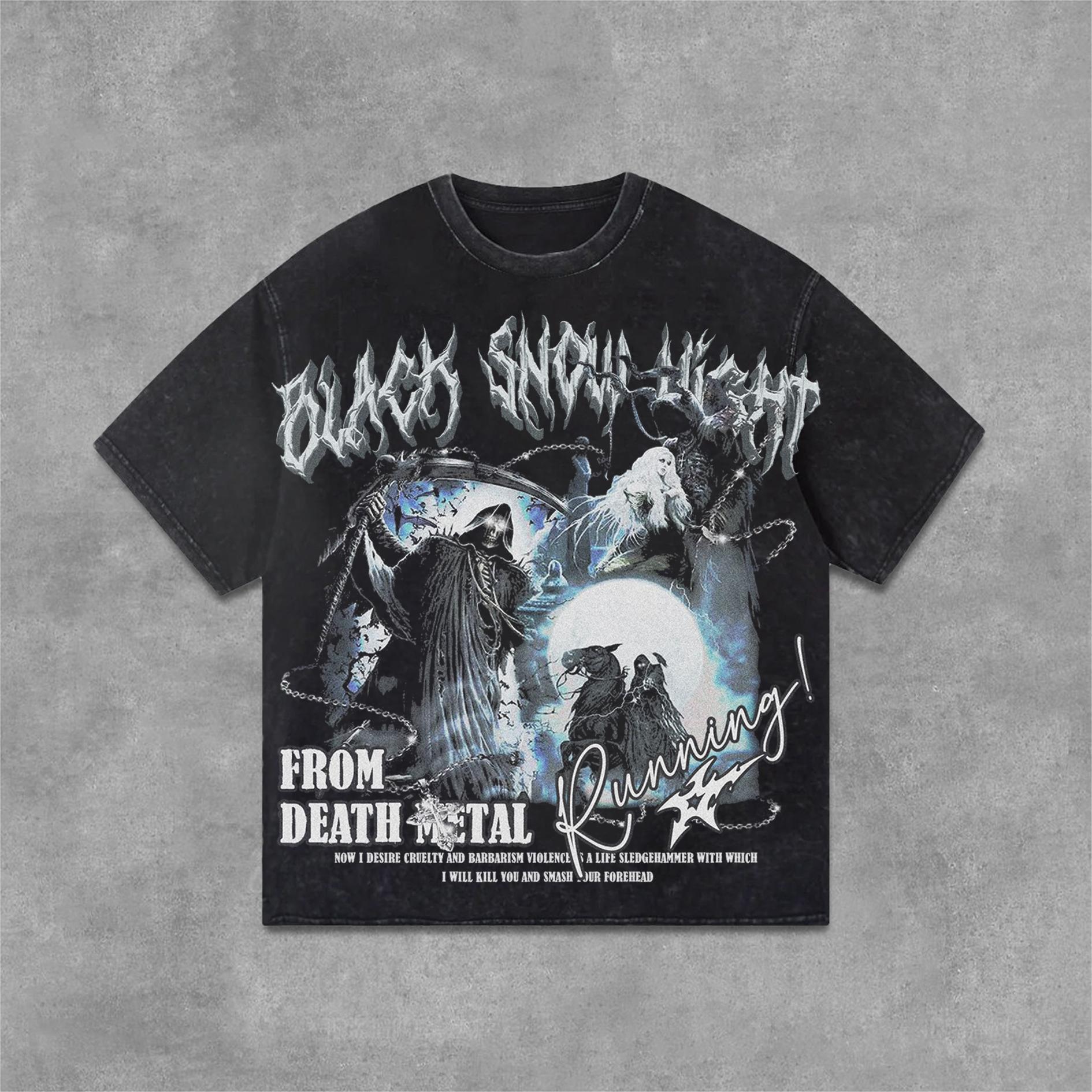 Hell Star Black Snow Night Death Comes Death Metal Graphics Acid Washed T-Shirt Product Image