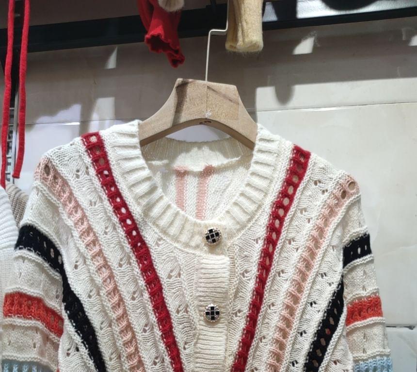 Crew Neck Striped Pointelle Knit Sweater / Cardigan Product Image