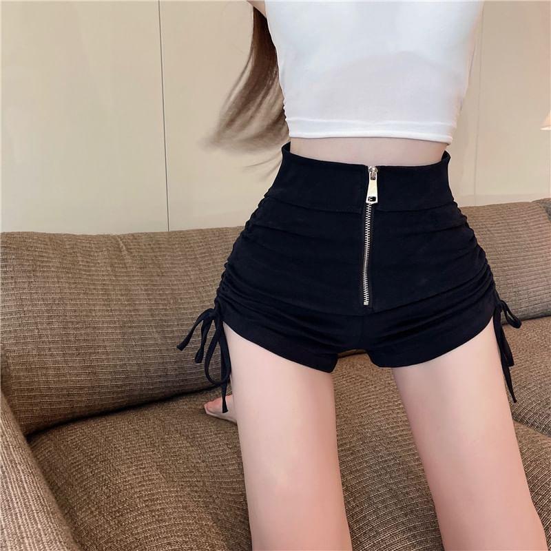 High Waist Plain Drawstring Ruched Hot Pants Product Image