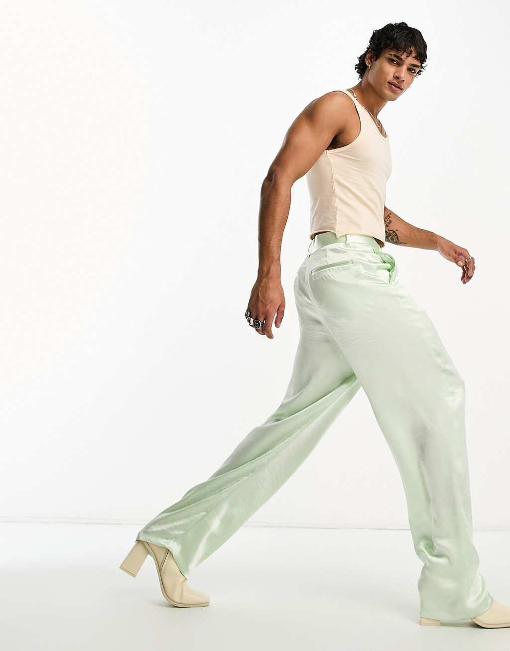 ASOS DESIGN wide leg suit pants in green satin Product Image