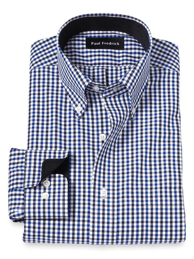 Non-Iron Cotton Gingham Dress Shirt With Contrast Trim - Blue/black Product Image