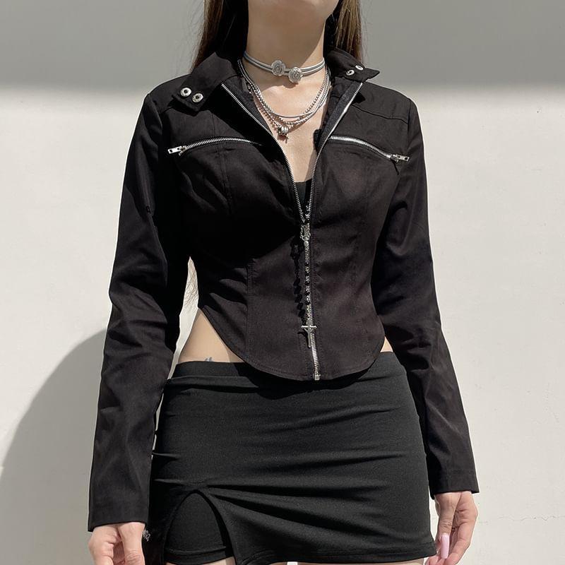 Mock Neck Zip-Up Plain Crop Jacket Product Image