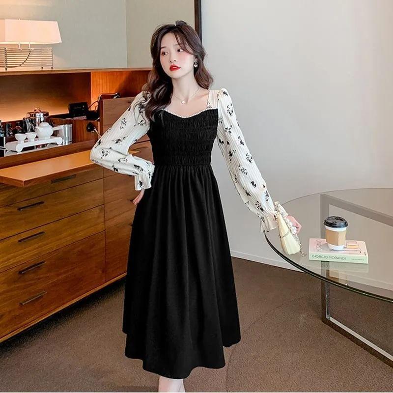 Long-Sleeve Square Neck Mock Two-Piece Floral Print Smocked Midi A-Line Dress Product Image