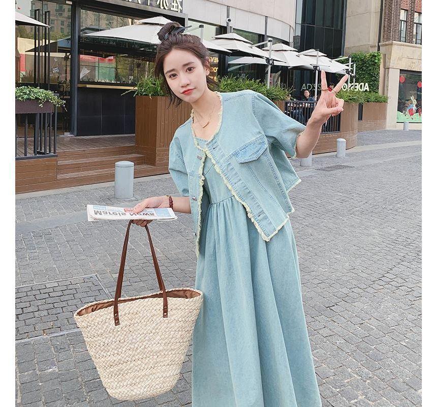 Set: Spaghetti Strap Bow Midi A-Line Denim Dress + Short-Sleeve Tassel Trim Button-Up Jacket Product Image