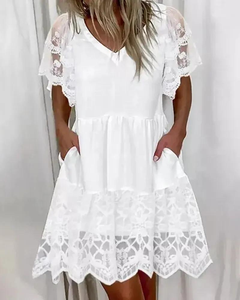 Olivia Mark – Crochet Lace Short Sleeve Casual Dress Product Image