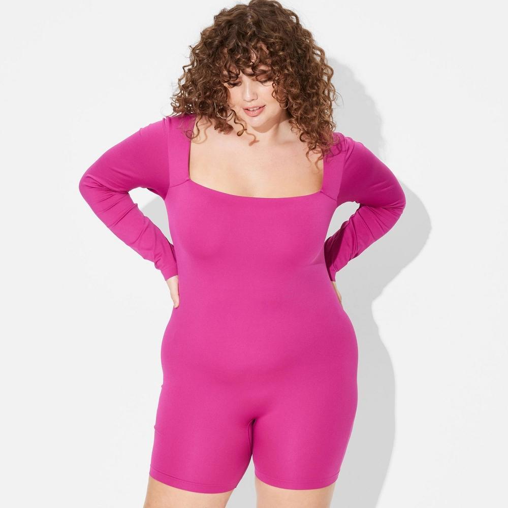 Women's Long Sleeve Seamless Square Neck Romper - Wild Fable™ Ruby Pink XXL Product Image