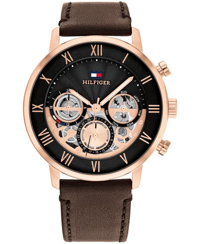 Tommy Hilfiger Mens Multifunction Brown Leather Strap Watch 44mm Product Image