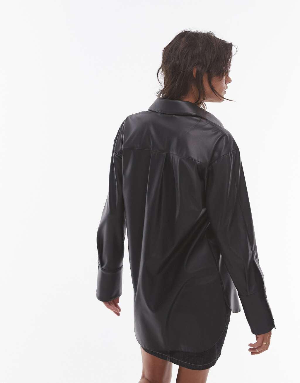 Topshop oversized faux leather shirt in black Product Image