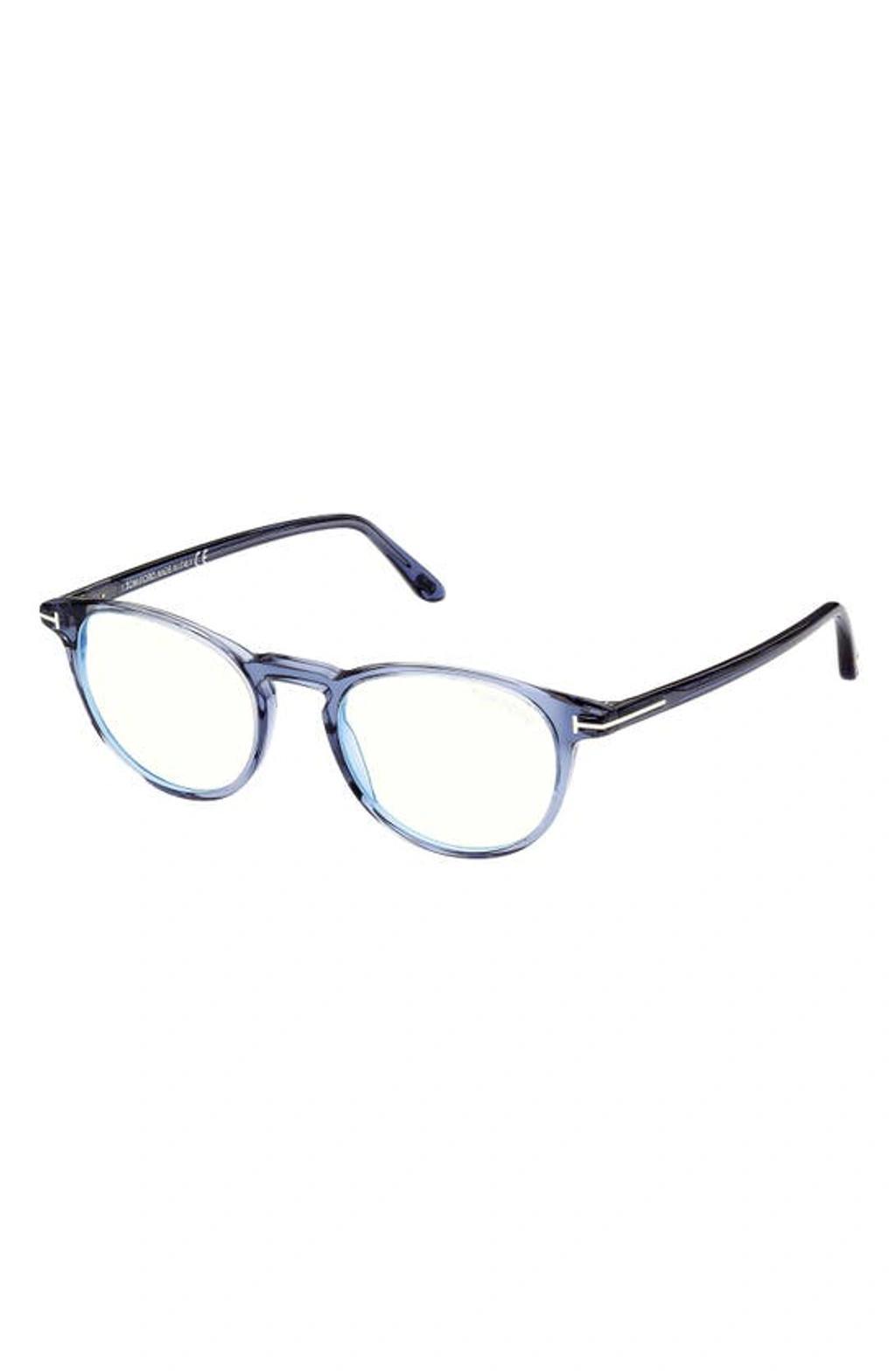 TOM FORD 51mm Round Blue Light Blocking Optical Glasses In Shiny Blue Product Image