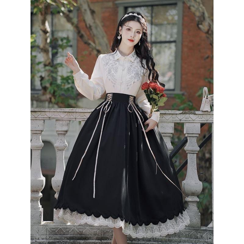 Traditional Chinese Long-Sleeve Shirt / High Waist Maxi Skirt / Set Product Image