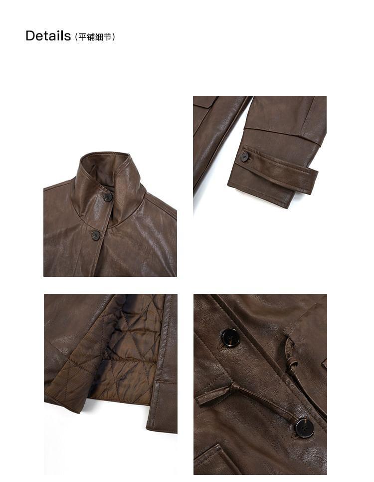 Lapel Collar Plain Faux Leather Single Breasted Coat Product Image