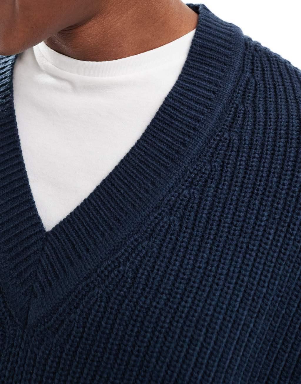 ASOS DESIGN oversized knit fisherman ribbed V-neck sweater in navy Product Image