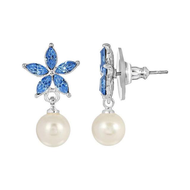 1928 Silver Tone Simulated Crystal and Pearl Flower Drop Earrings, Womens, Blue Product Image