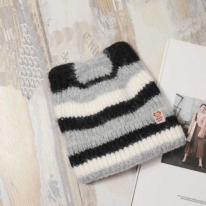 Cat Ear Striped Knit Beanie Product Image