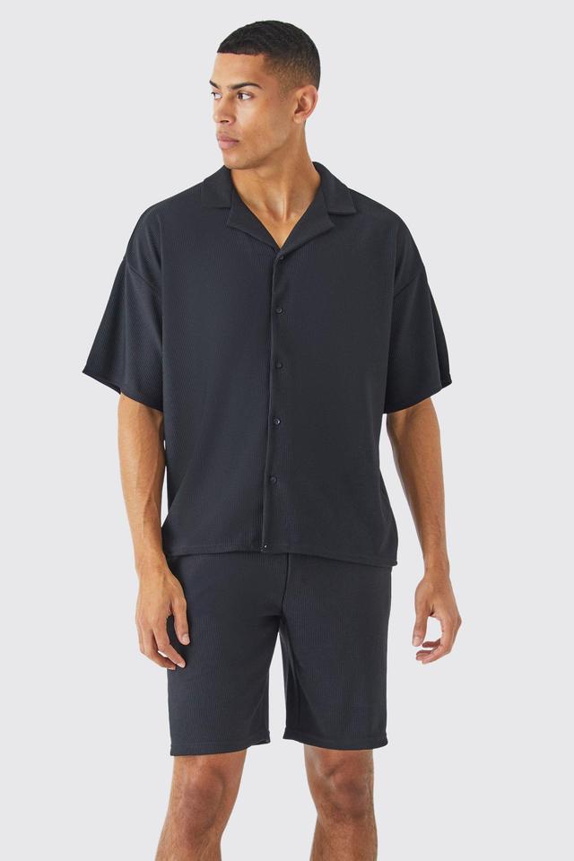 Short Sleeve Ribbed Boxy Shirt And Short Set | boohooMAN USA Product Image