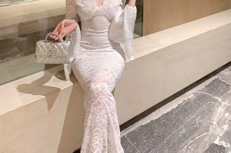 Flared-Sleeve V-Neck Lace Maxi Sheath Dress Product Image