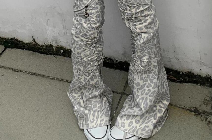 Low Rise Leopard Print Washed Bootcut Jeans Product Image