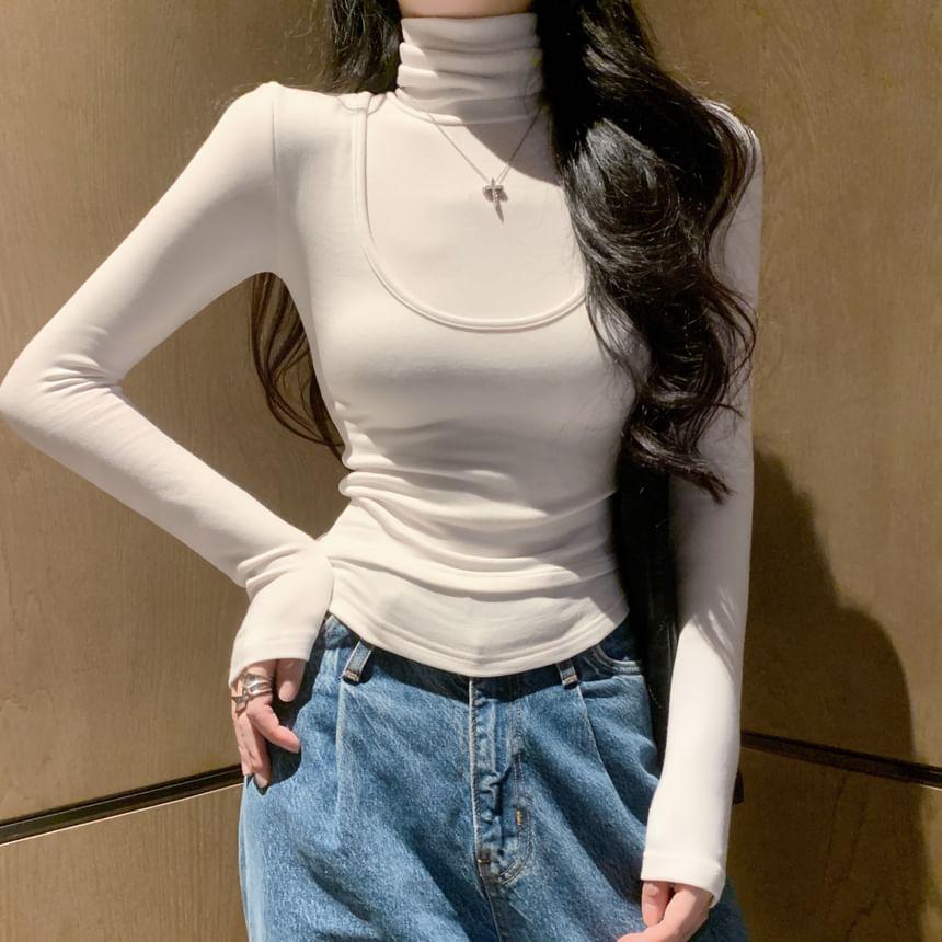 Long Sleeve Turtleneck Plain Mock Two Piece Crop Top Product Image