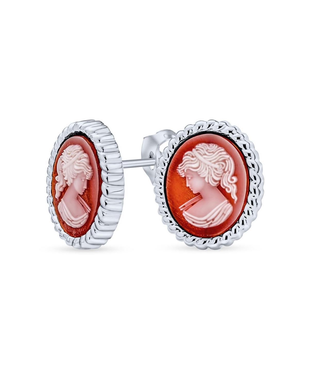 Bling Jewelry Classic Antique Terracotta Red White Carved Oval Framed Victorian Lady Portrait Cameo Stud Earrings For Women .925 Sterling Silver - Red Product Image